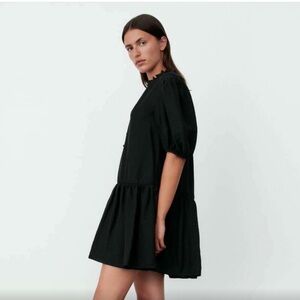 NWT Zara black puff sleeve split neck oversized buttoned drop waist dress Small
